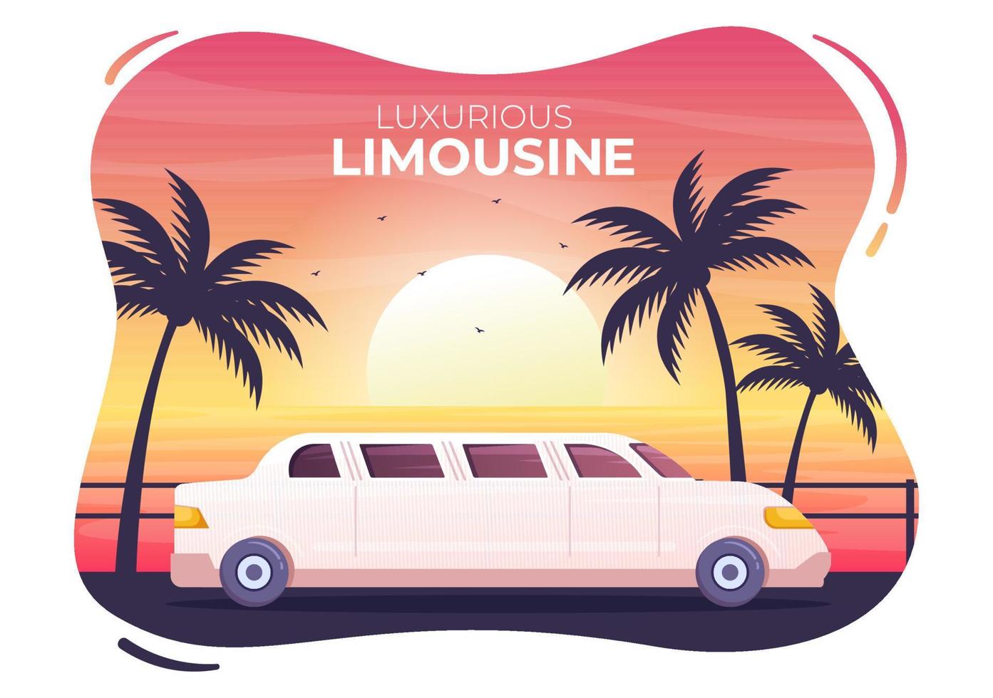 coche de limusina con vistas al atardecer o al amanecer en la playa en una ilustración plana de dibujos animados vector