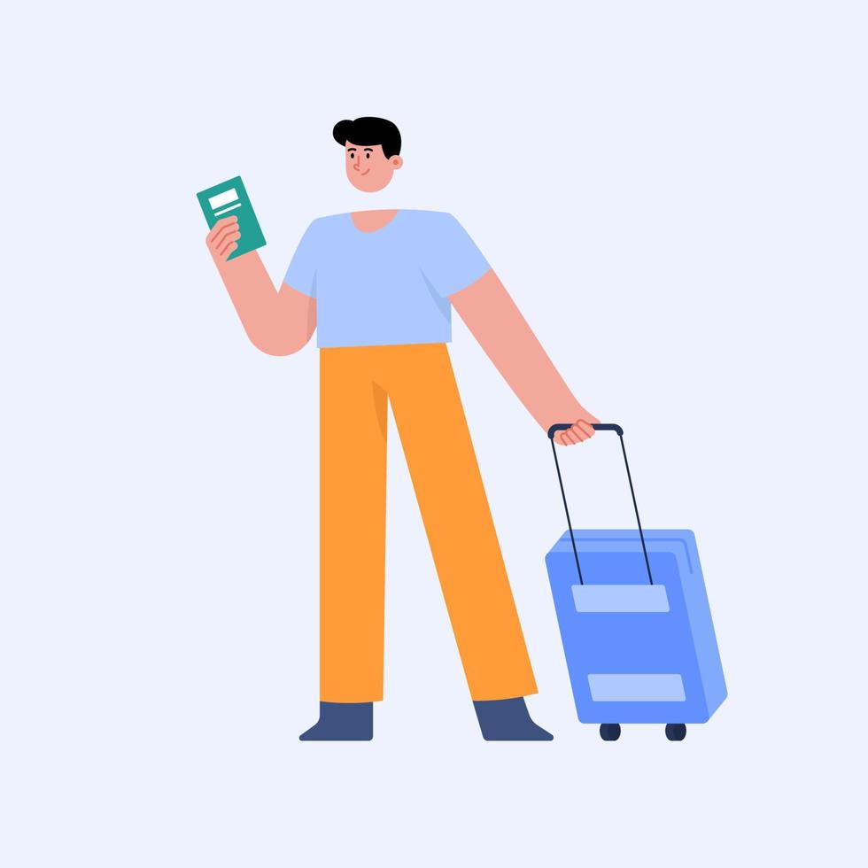 Man travelling holding passport and suitcase vector