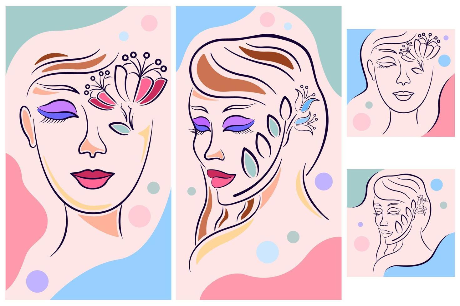 collection women faces art line postel colors for social media format vector