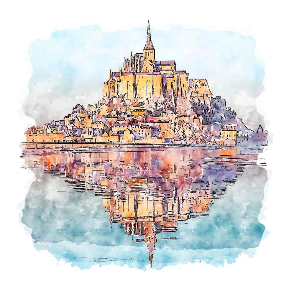 mont saint michel francia acuarela boceto dibujado a mano ilustración vector