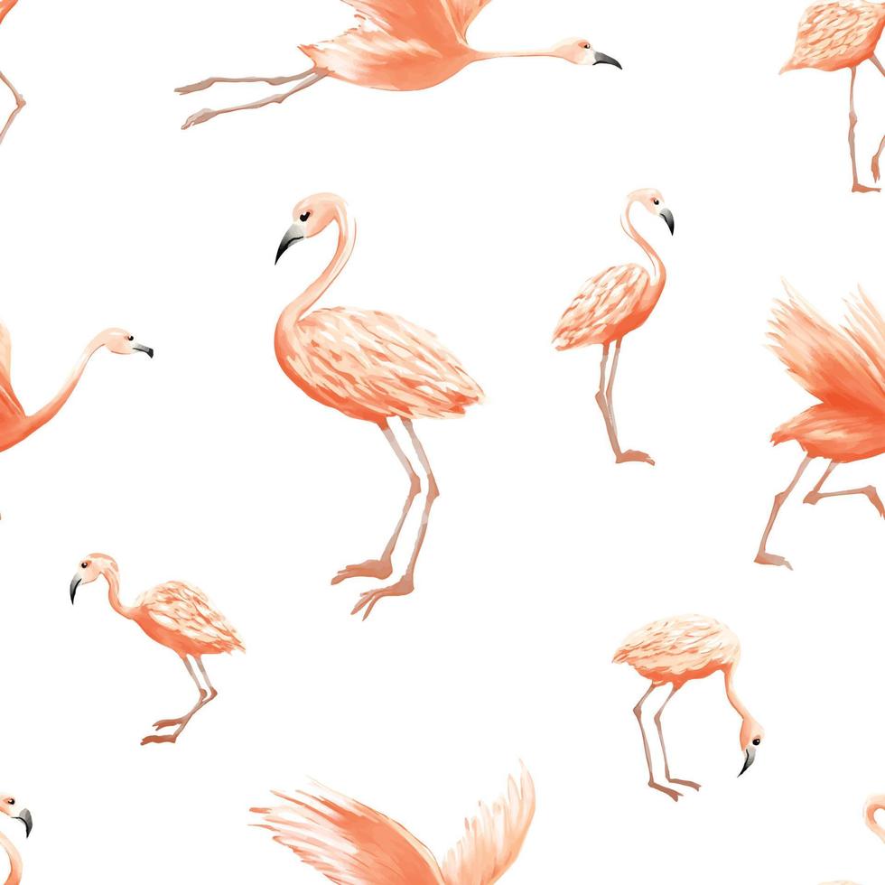 flamingos watercolor style vector seamless pattern wallpaper on white background