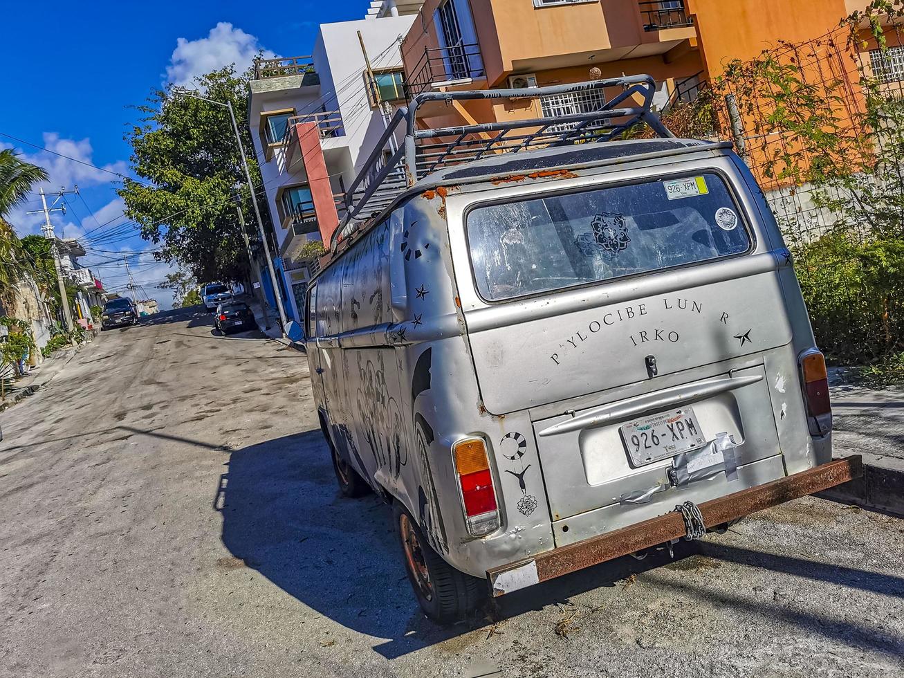 Playa del Carmen Quintana Roo Mexico 2022 Old black broken dirty VW bus Volkswagen car rusting Mexico. photo