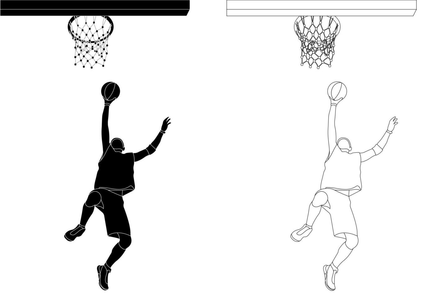 esbozar la silueta en blanco y negro de un atleta jugador de baloncesto en un juego de pelota. baloncesto. lanzamiento de anillo. vector