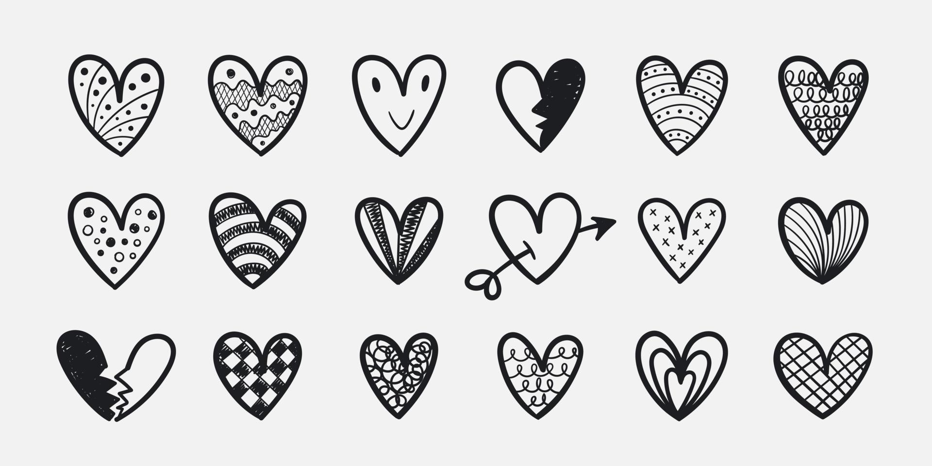 Handwritten hearts set, different styles and sizes. vector