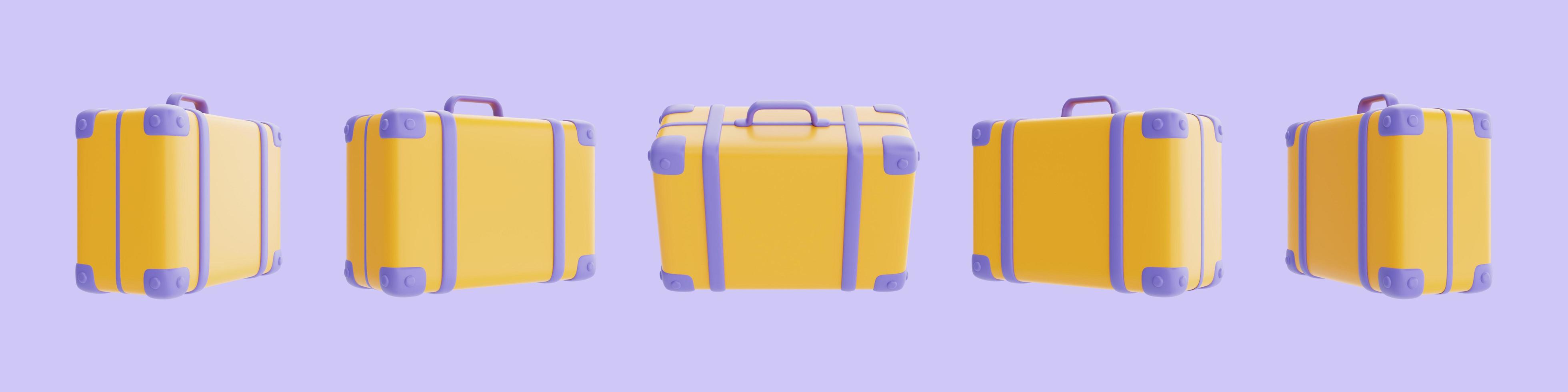 set of yellow suitcase isolated on purple background, Tourism and travel, 3d rendering photo