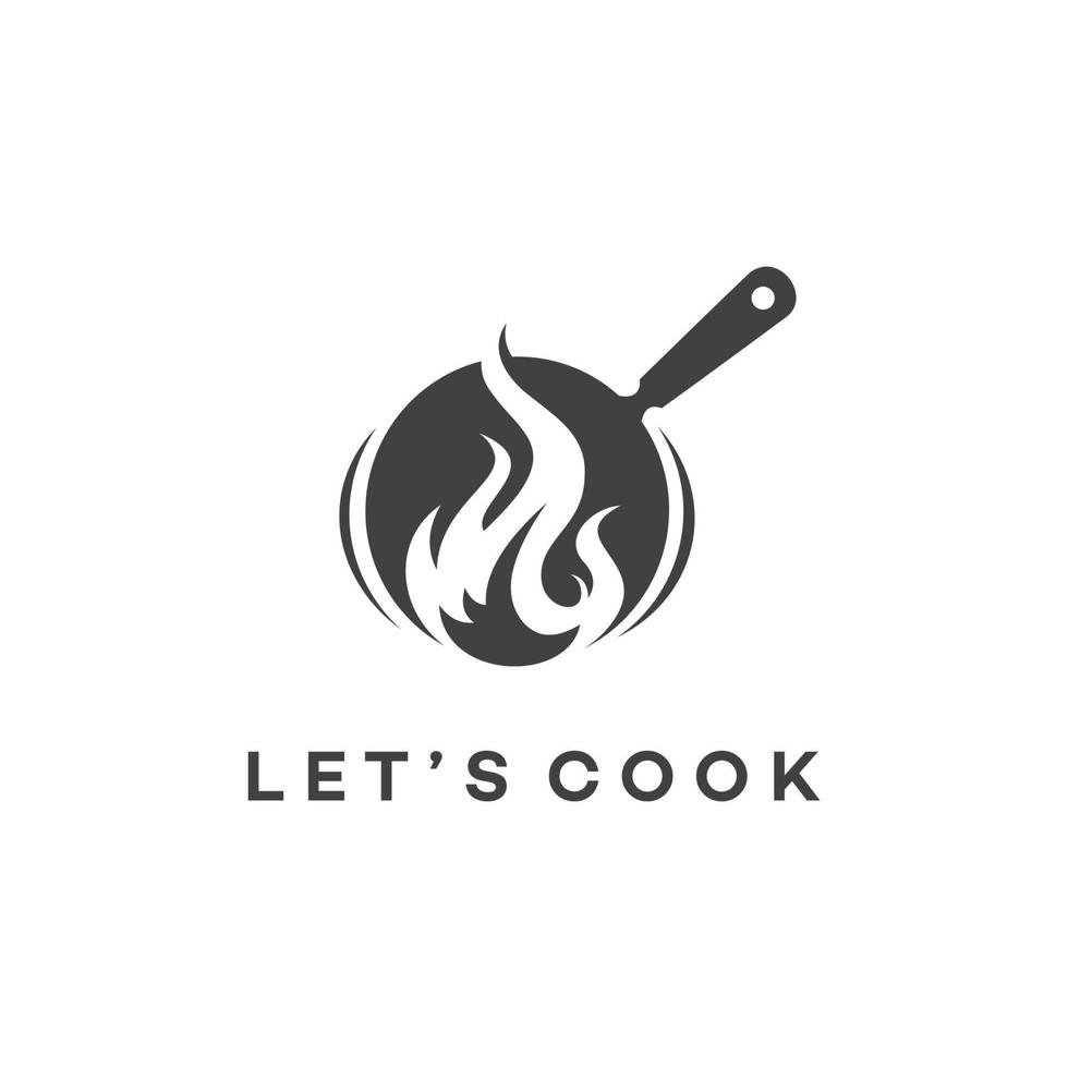 un diseño de logotipo sofisticado simple pero divertido que muestra una sartén con fuego donde se cocina. vector