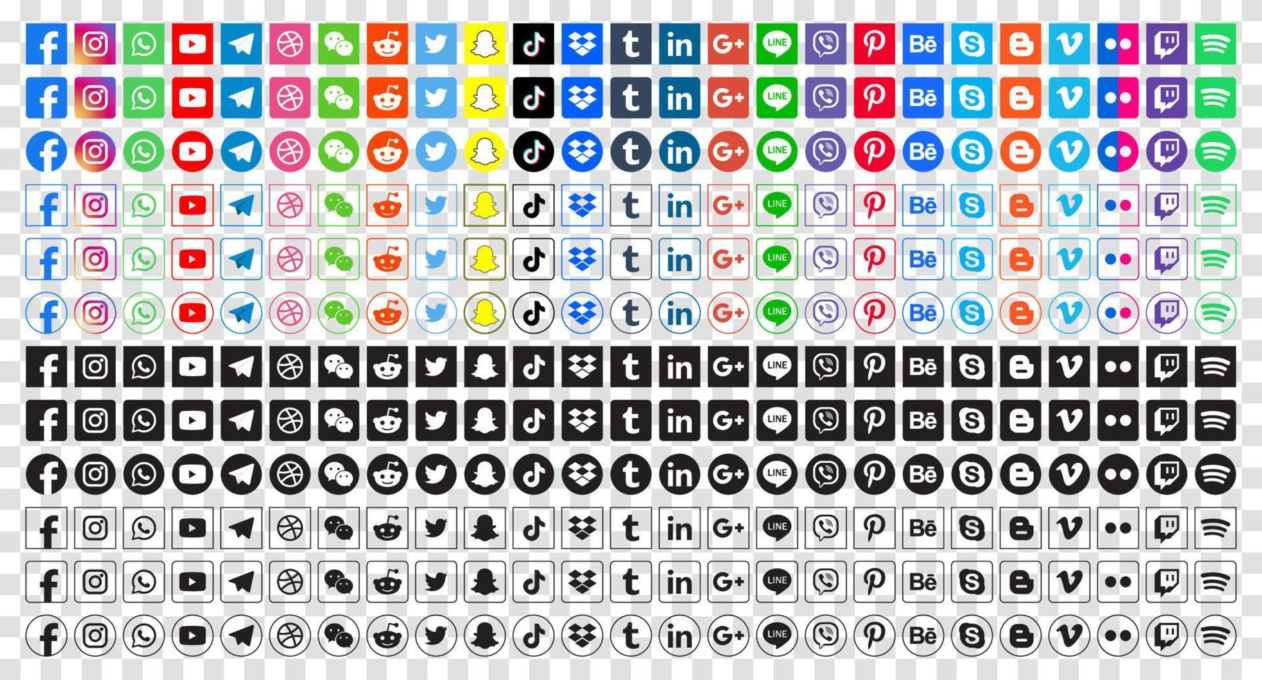 establecer iconos de redes sociales populares. facebook, instagram, twitter, youtube, pinterest, behance, google, linkedin, whatsap, snapchat y muchos más. ilustración vectorial editorial vector