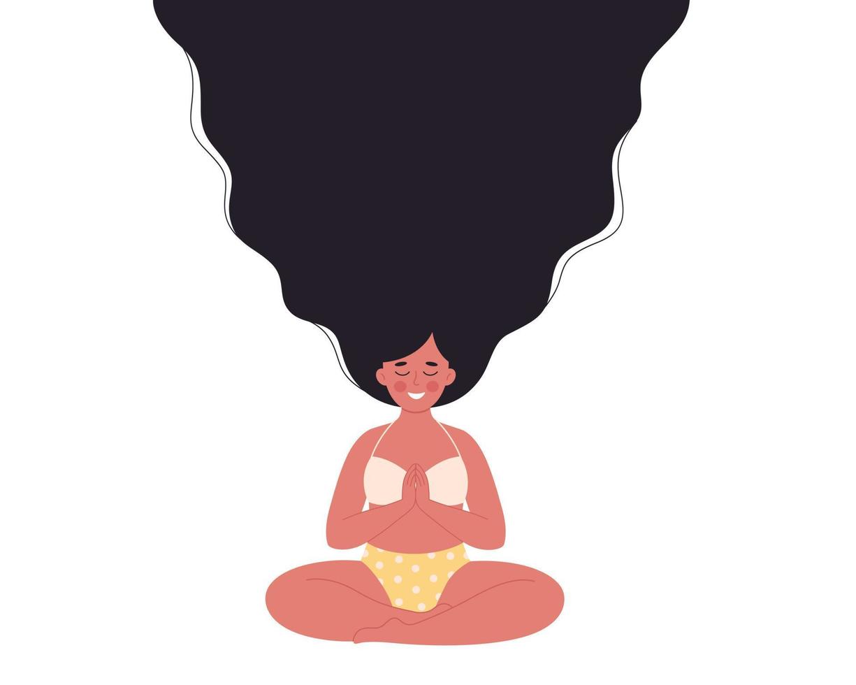 mujer meditando en posición de loto en estera de yoga. estilo de vida saludable, yoga, relax, ejercicio respiratorio. día mundial del yoga. vector