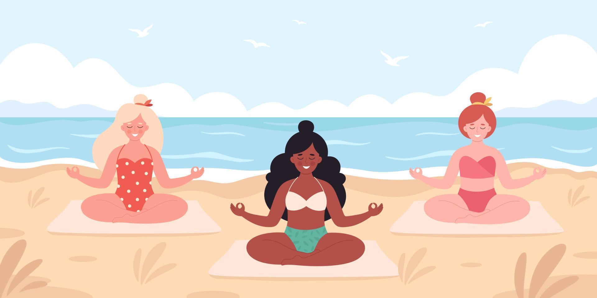 Women meditating on the beach. Hello summer, summer leisure, vacation. Healthy lifestyle, self care, yoga, meditation vector