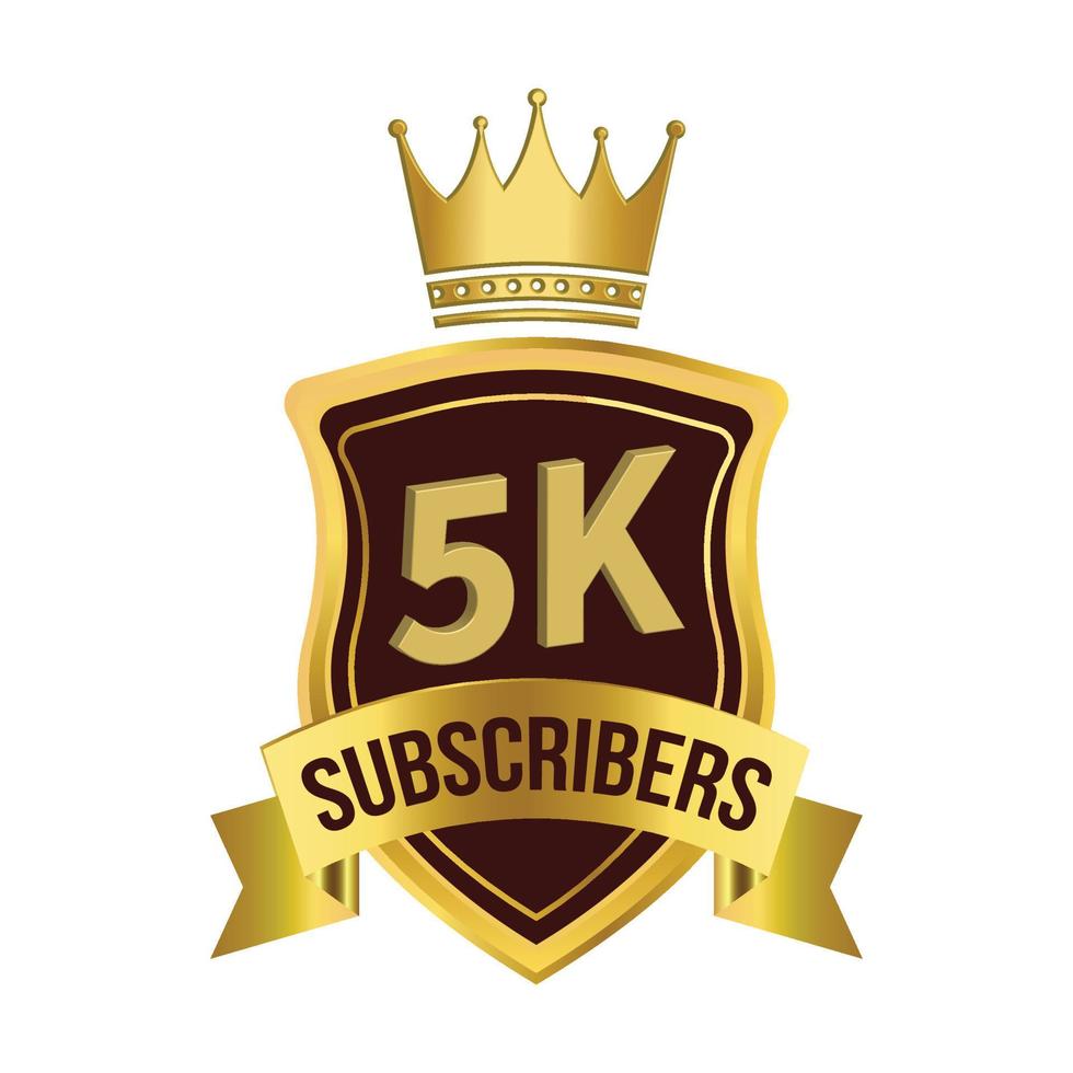 Royal 5k subscriber celebration badge with golden color ribbon and king crown on white background, Dark and golden color shade with king crown ribbon, 5k subscriber special golden badge. vector