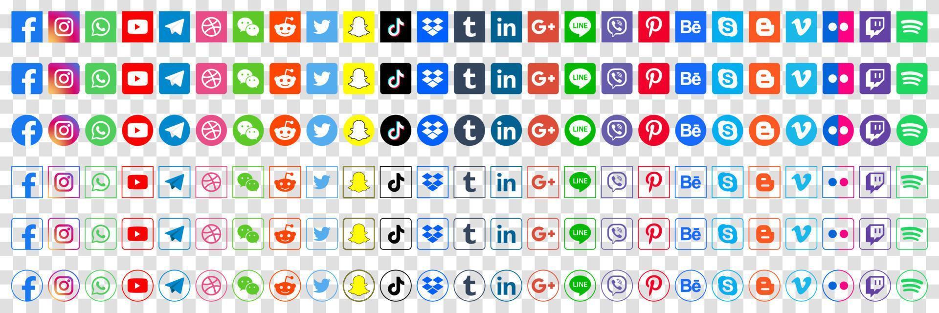 establecer iconos de redes sociales populares. facebook, instagram, twitter, youtube, pinterest, behance, google, linkedin, whatsap, snapchat y muchos más. ilustración vectorial editorial vector