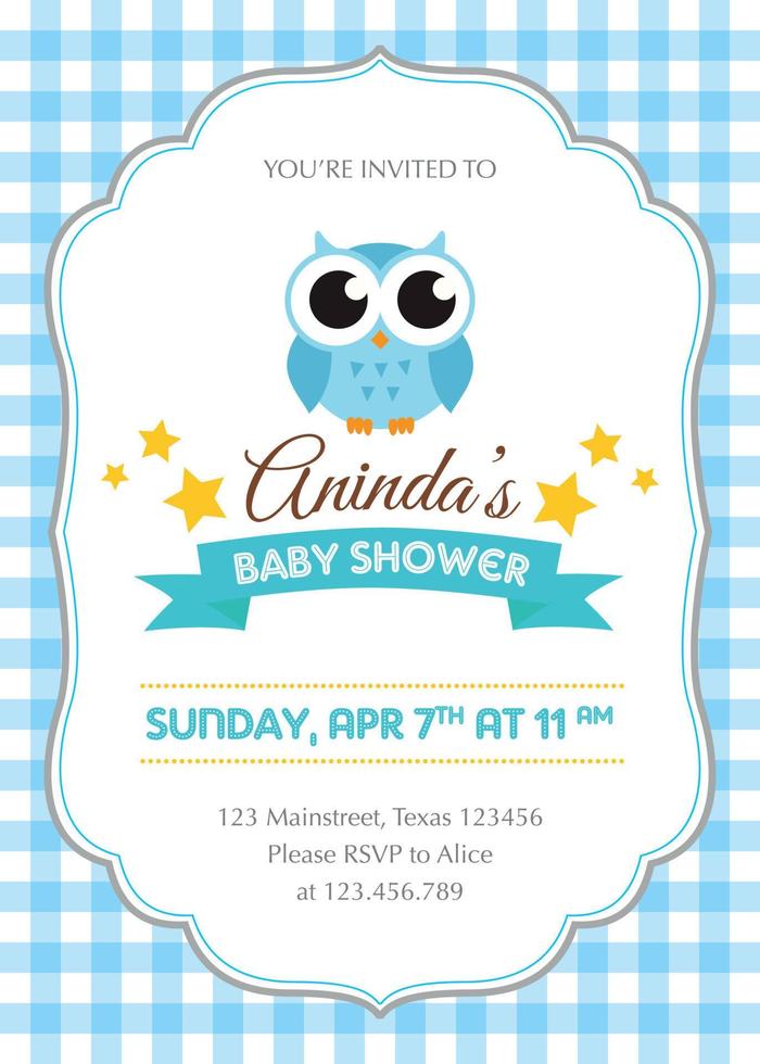 invitación de baby shower con lindo búho azul vector