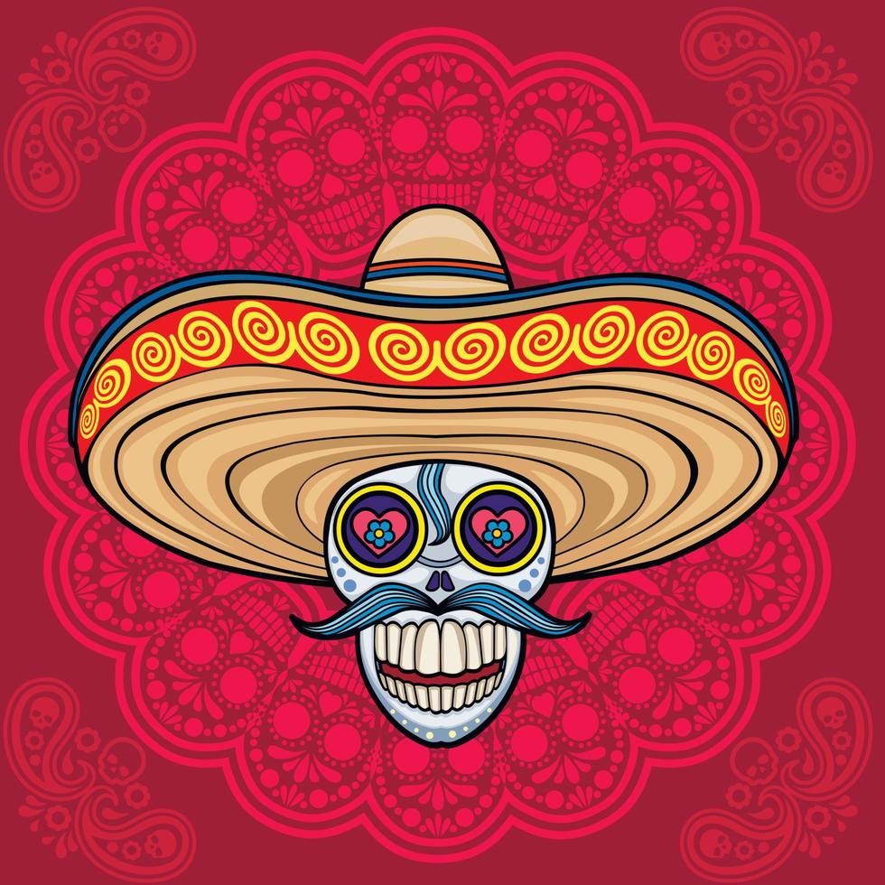 bandana with mexican sugar skull and paisley, vintage design t shirts vector