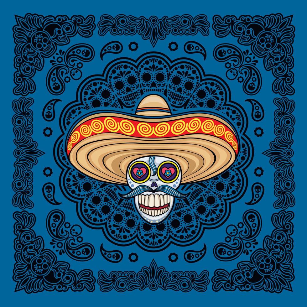 bandana with mexican sugar skull and paisley, vintage design t shirts vector