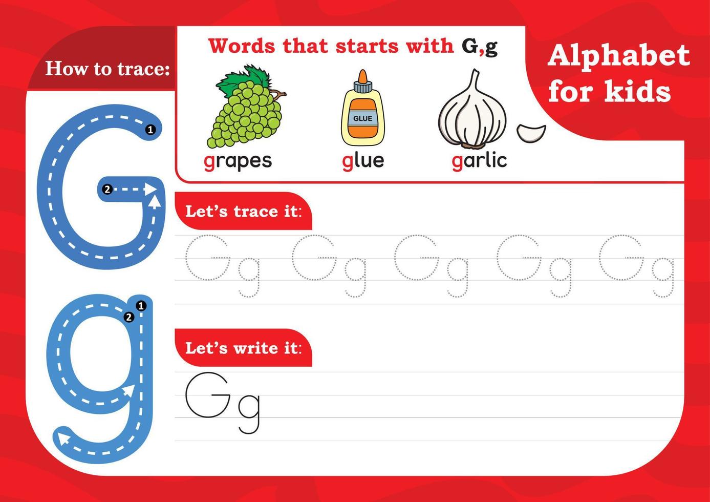 worksheet Letter G, Alphabet tracing practice Letter G. Letter G uppercase and lowercase tracing with Grapes, Glue and garlic. Handwriting exercise for kids - Printable worksheet. vector