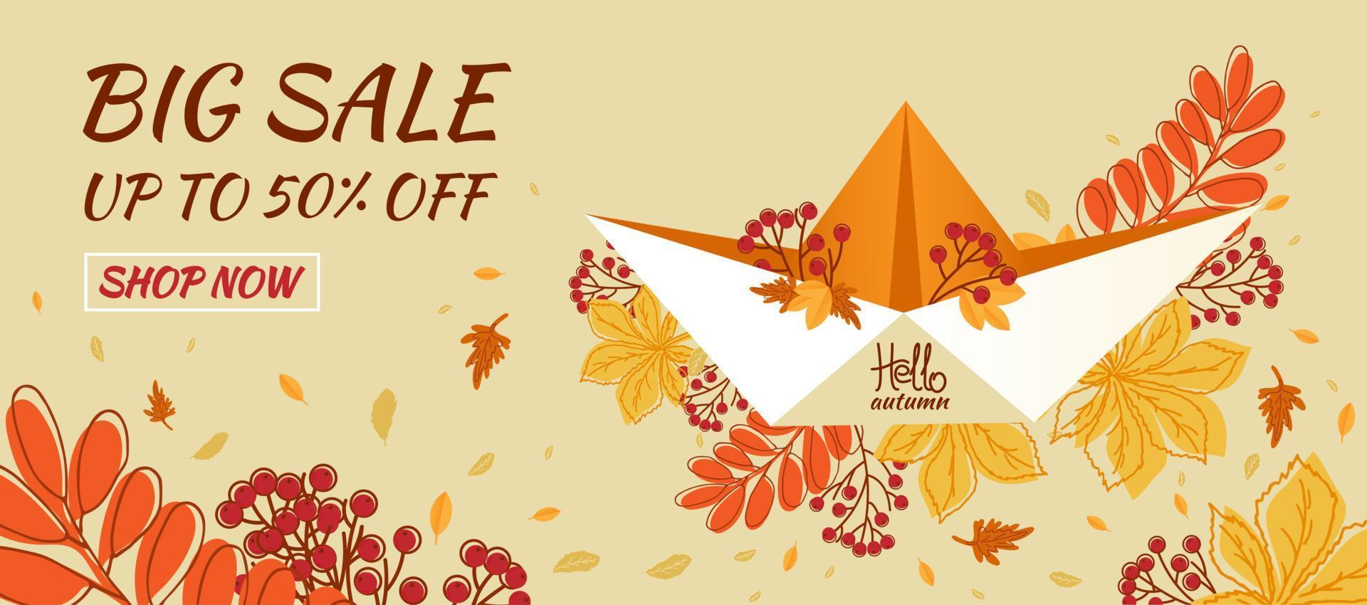 Autumn sale banner. Hello autumn. Paper boat with autumn leaves. vector