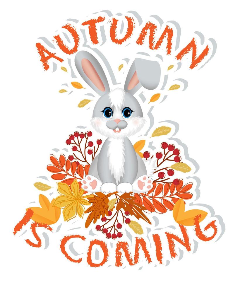 Sticker with symbol of the 2023 year. Cute little rabbit or hare is sitting with autumn leaves. vector