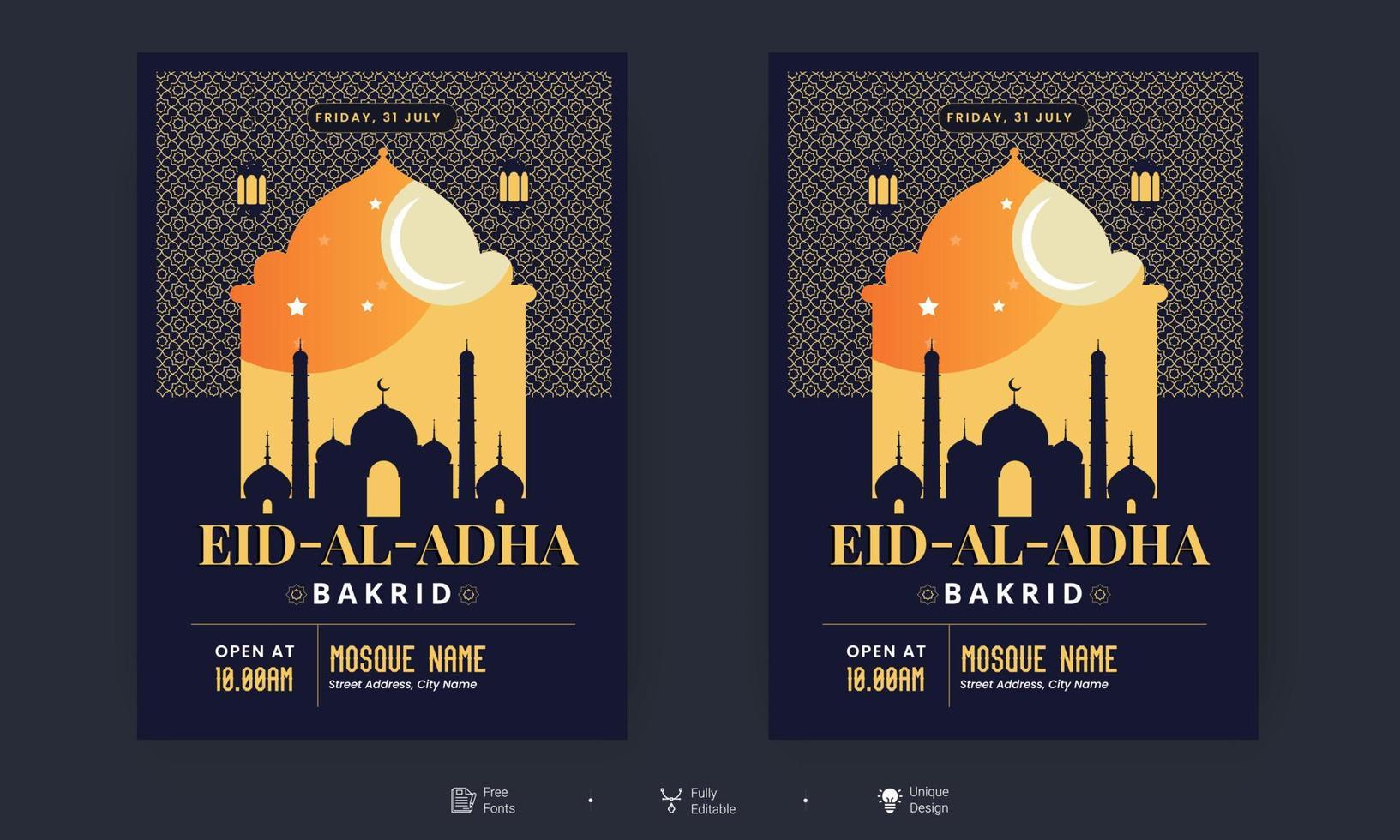 Eid Al Adha Flyer. Eid, Ramadan Kareem set of posters or invitations design. decorative retro greeting card or invitation layout design vector