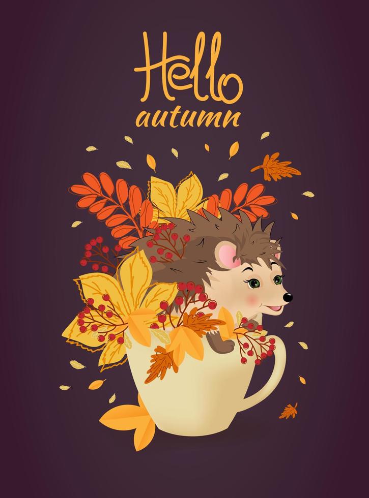 Autumn postcard with leaves, pumpkins and hedgehog in cup. vector