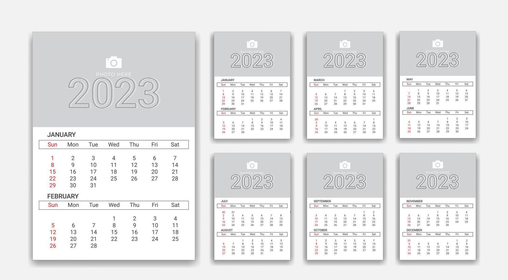 plantilla de calendario de pared para el año 2023 un conjunto de páginas para 12 meses vector