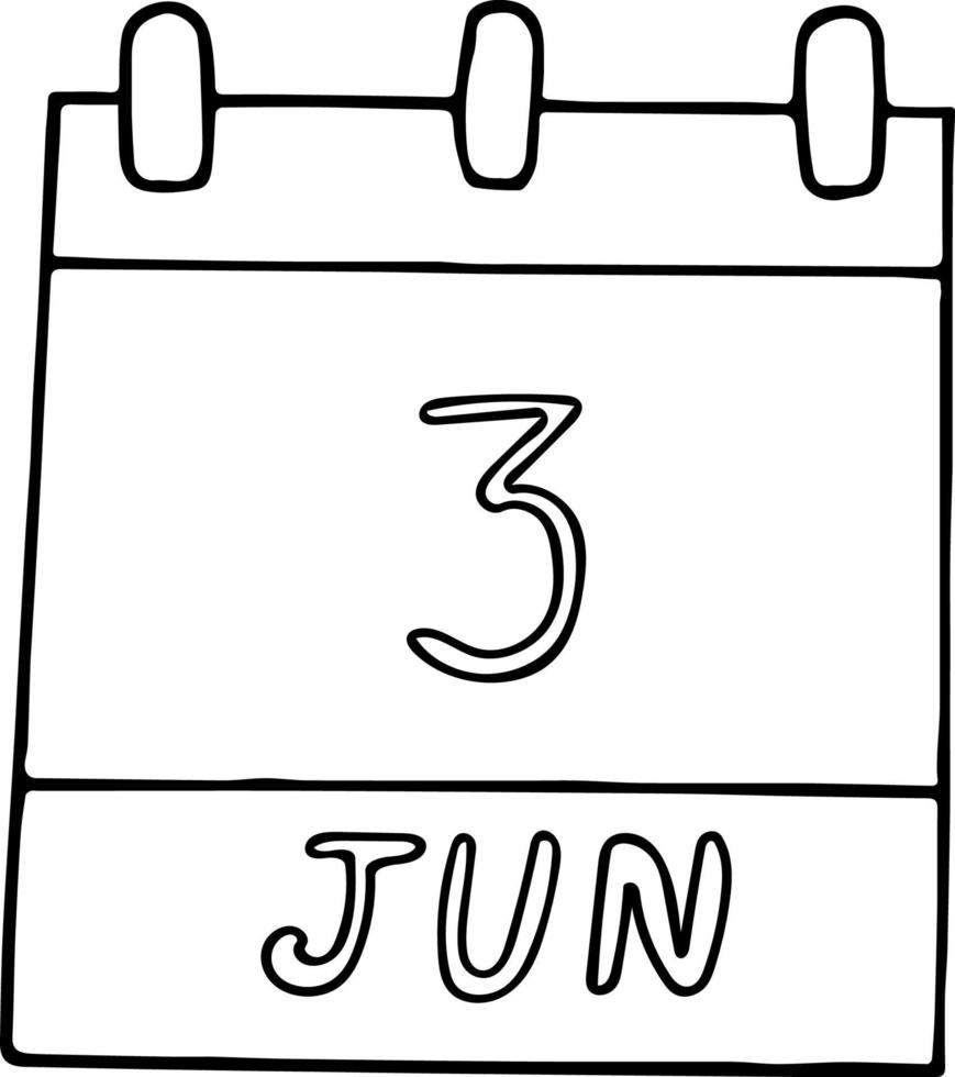 calendar hand drawn in doodle style. June 3. World Bicycle Day, date. element for design. planning, business holiday vector