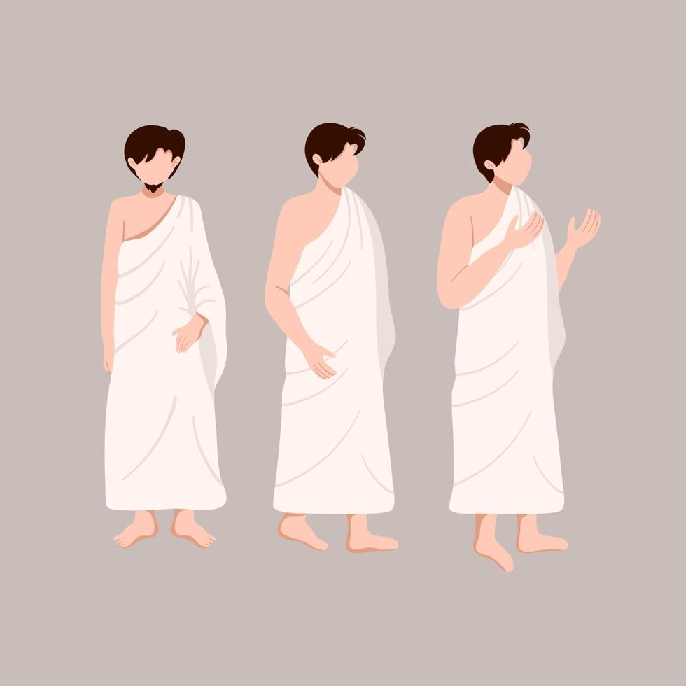 personaje musulmán plano vistiendo ihram en peregrinación hajj vector