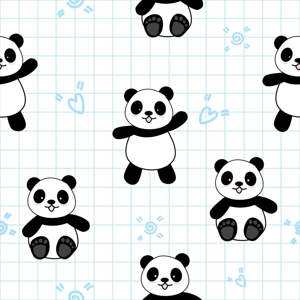 Fondo de patrón sin costuras de panda lindo, ilustración de vector de osos panda de dibujos animados, niños creativos para tela, envoltura, textil, papel pintado, ropa.