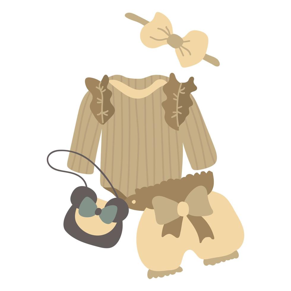 Boho baby clothes set. White background, isolate. Vector illustration. Drawn style.