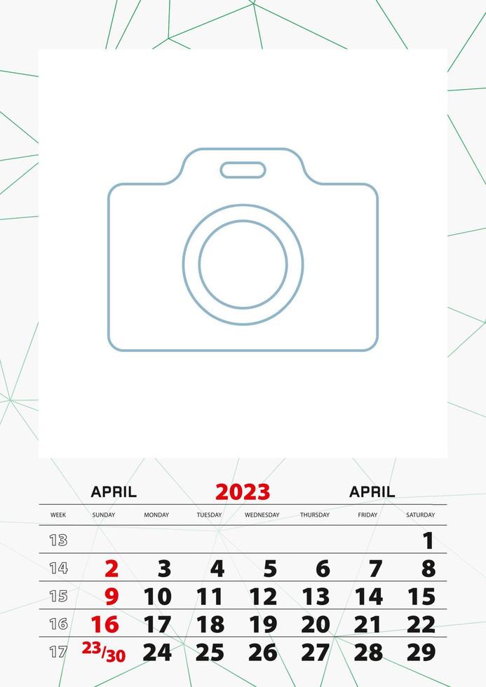 plantilla de planificador de calendario de pared para abril de 2023, la semana comienza el domingo. vector