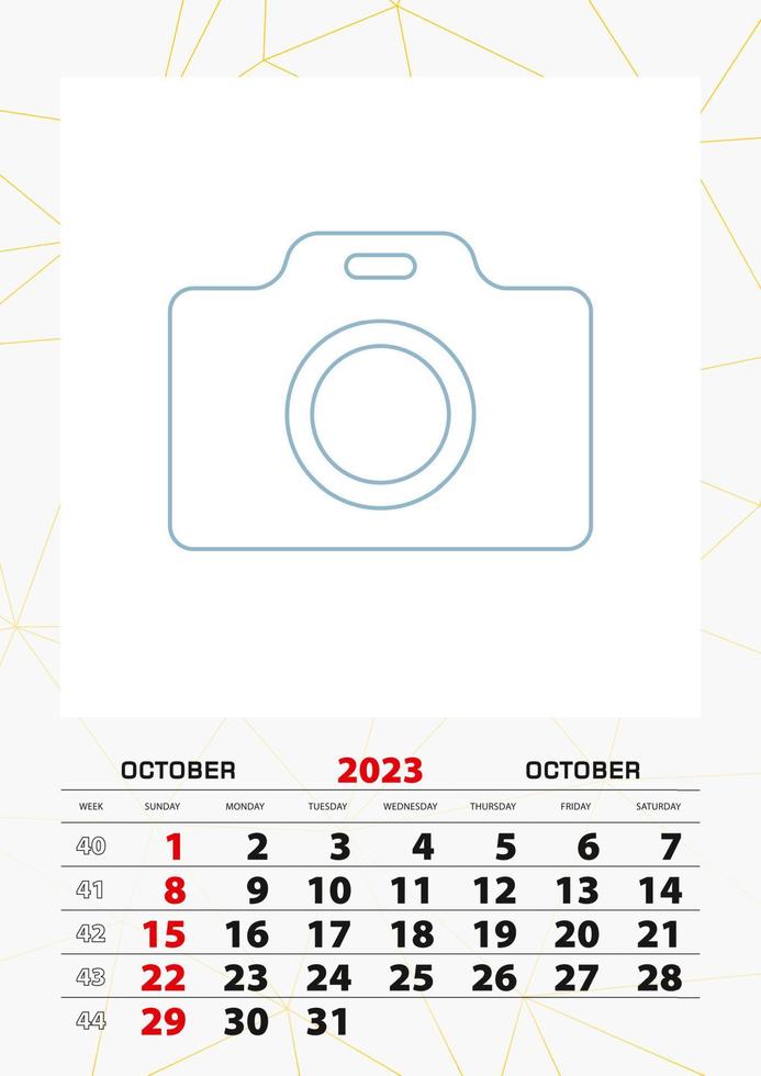 plantilla de planificador de calendario de pared para octubre de 2023, la semana comienza el domingo. vector