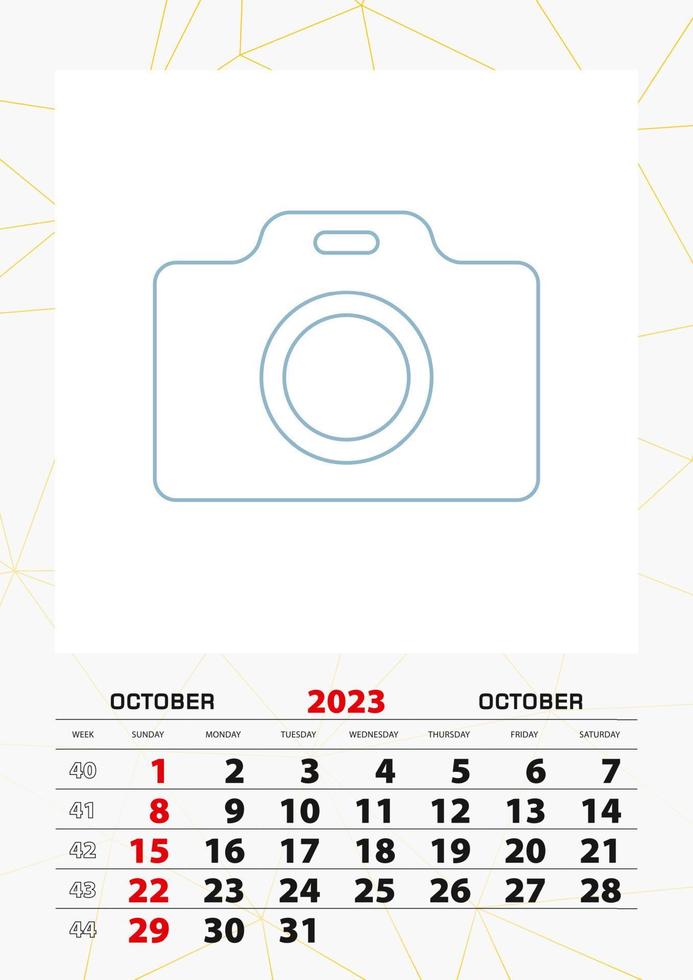 Wall calendar planner template for October 2023, week starts on sunday. vector