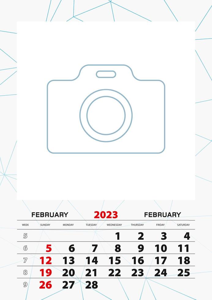 Wall calendar planner template for February 2023, week starts on sunday. vector