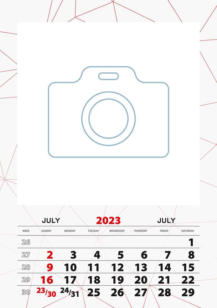 Wall calendar planner template for July 2023, week starts on sunday. vector