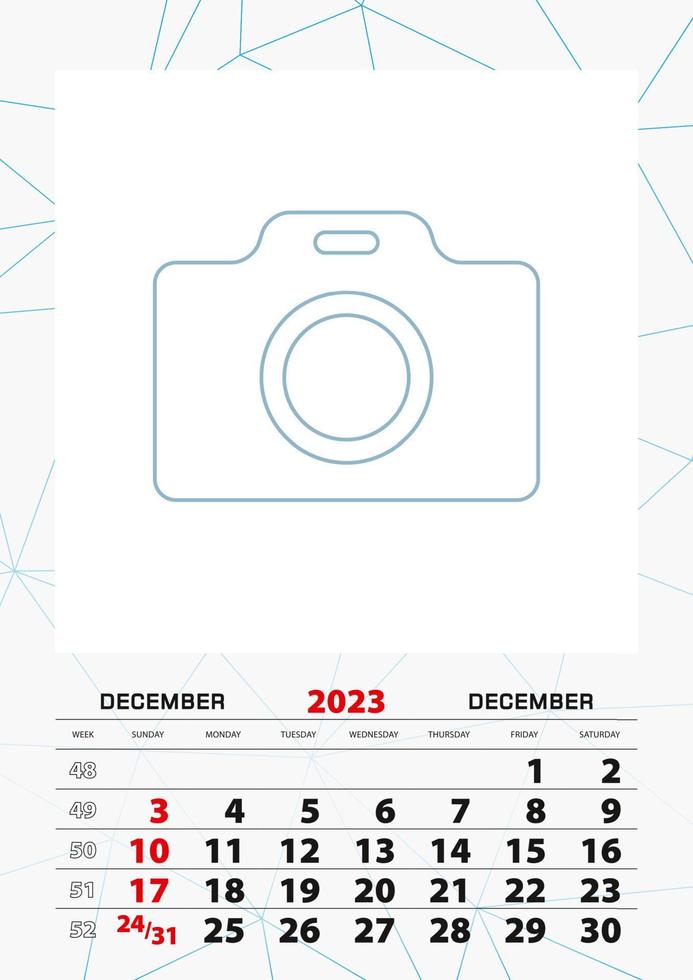 Wall calendar planner template for December 2023, week starts on sunday. vector