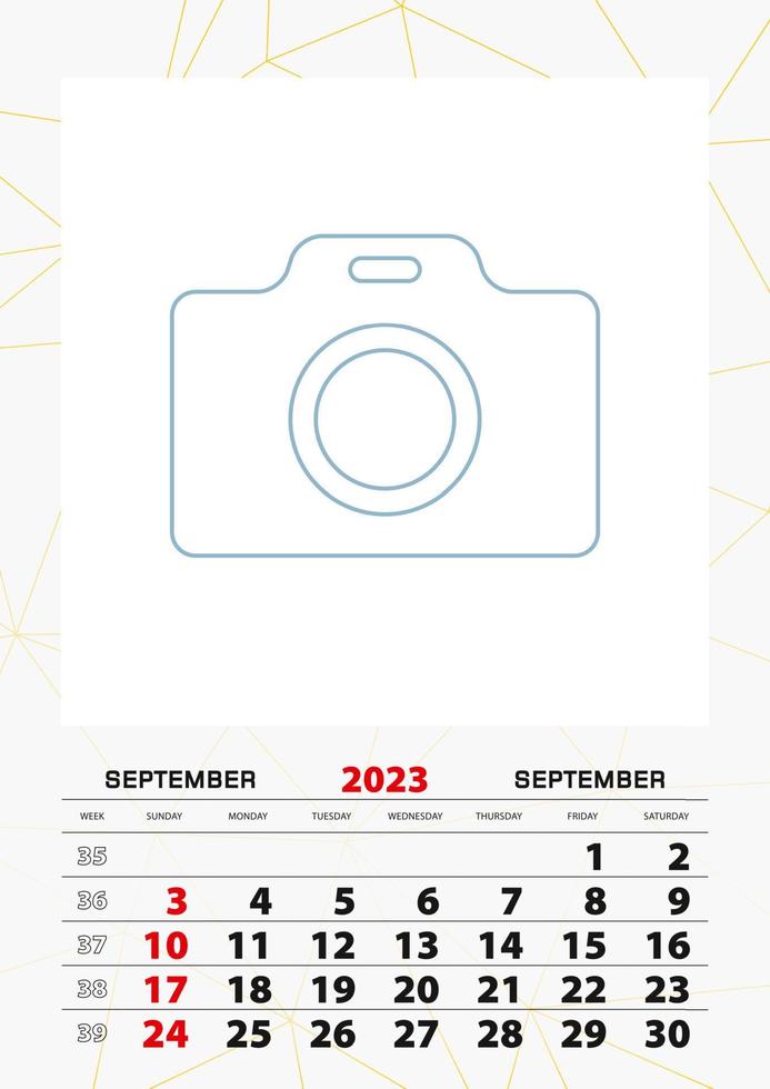 plantilla de planificador de calendario de pared para septiembre de 2023, la semana comienza el domingo. vector