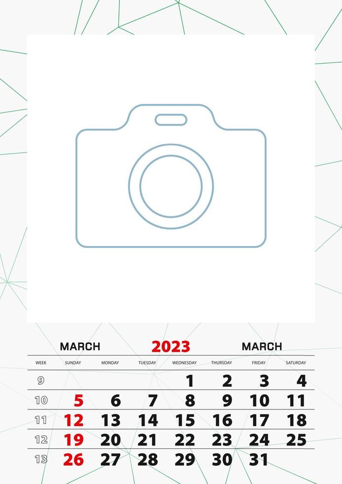 plantilla de planificador de calendario de pared para marzo de 2023, la semana comienza el domingo. vector
