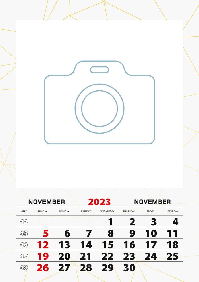 Wall calendar planner template for November 2023, week starts on sunday. vector