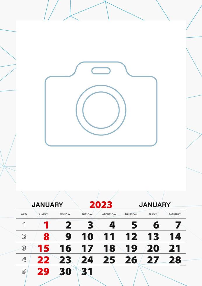 plantilla de planificador de calendario de pared para enero de 2023, la semana comienza el domingo. vector