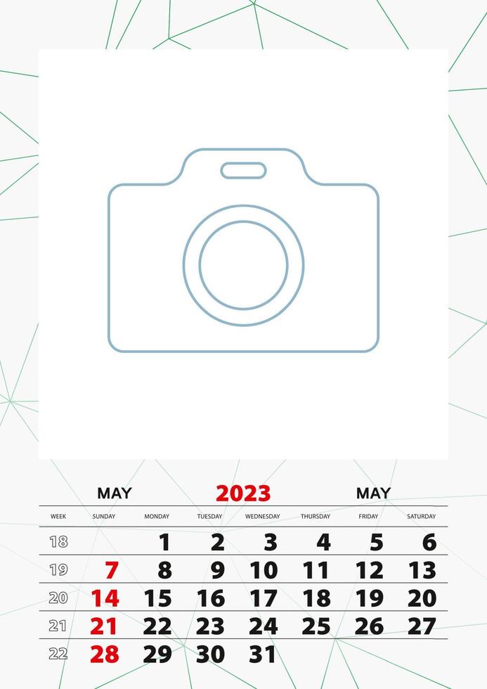 Wall calendar planner template for May 2023, week starts on sunday. vector