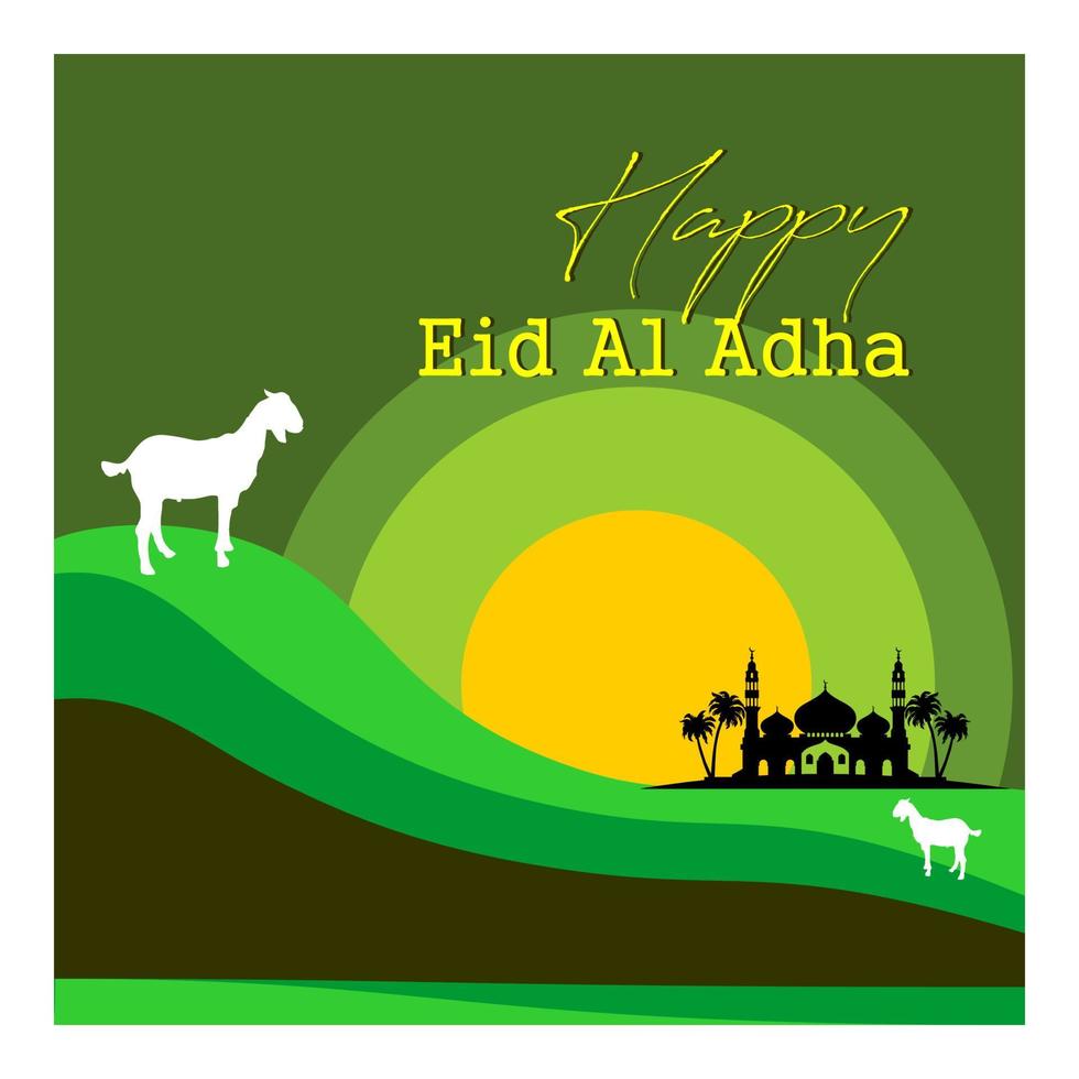 Eid Al Adha flat vector illustration with goat or sheep animal and mosque. Sacrifice animal celebration Islamic event. Selamat hari raya Idul Adha means happy Eid al-Adha also called Sacrifice festive