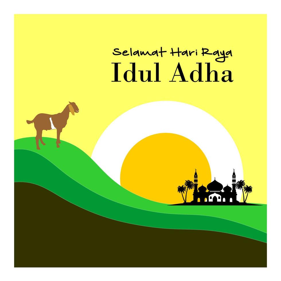 Eid Al Adha flat vector illustration with goat or sheep animal and mosque. Sacrifice animal celebration Islamic event. Selamat hari raya Idul Adha means happy Eid al-Adha also called Sacrifice festive