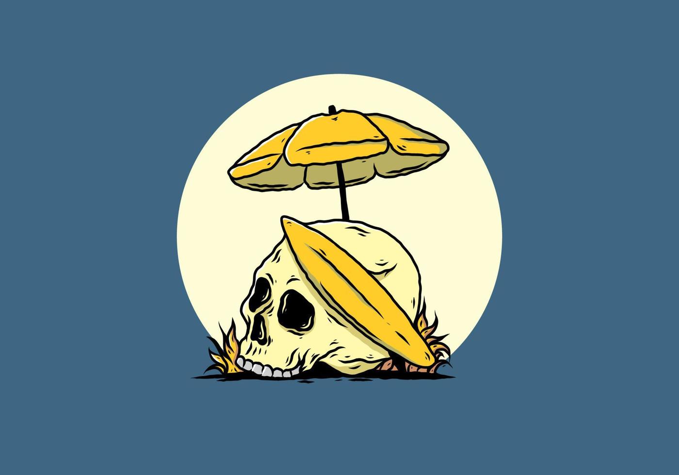 illustration of skull with surfing board under beach umbrella vector