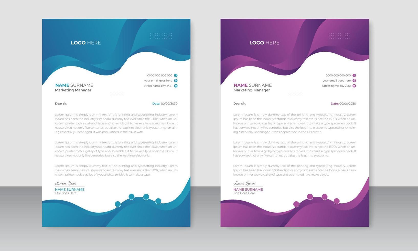 Corporate modern letterhead design template and two-color scheme. creative modern letterhead design template for your project. vector