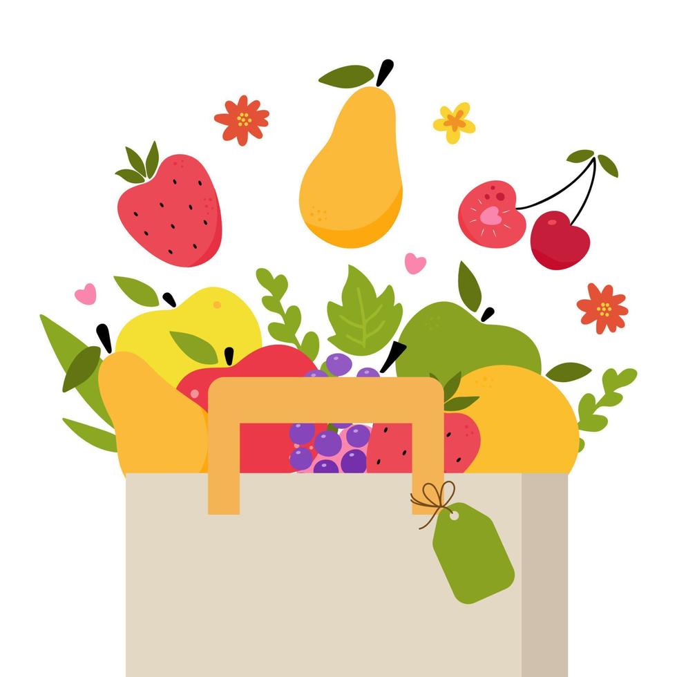 compras de comestibles, bolsa de papel llena de frutas. tienda de comestibles. vector de estilo de dibujos animados. Entrega de productos desde tienda. alimentos naturales orgánicos saludables. ilustración de vector lindo plano moderno