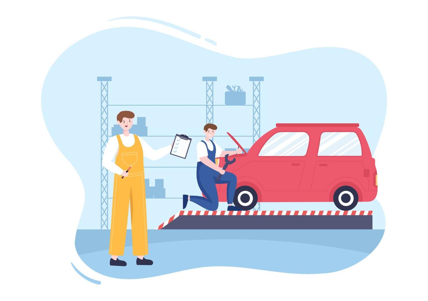 Car Inspection of The Station Detects Faults, Draws up a Checklist of All Breakdowns, Repair and Analysis Transport in Flat Cartoon Illustration vector