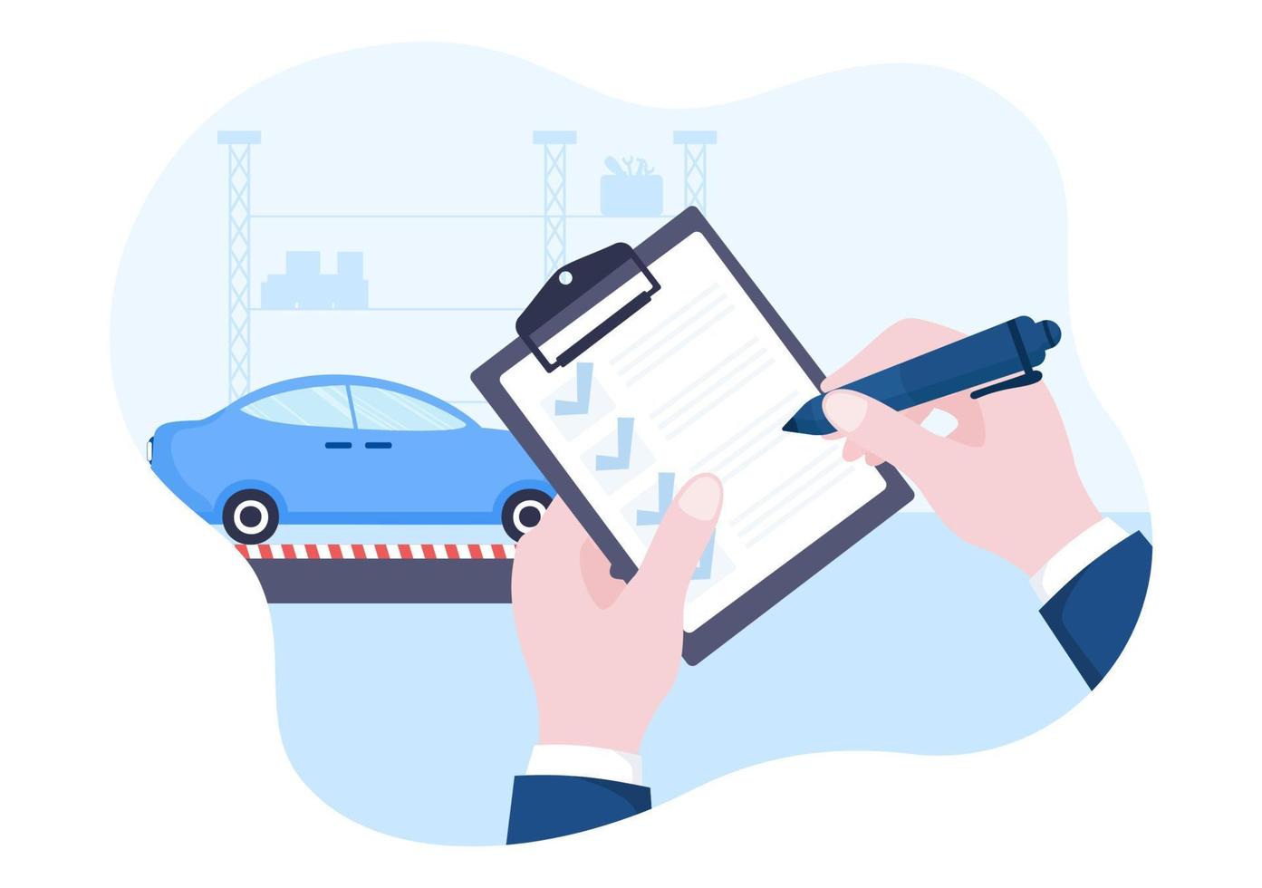 Car Inspection of The Station Detects Faults, Draws up a Checklist of All Breakdowns, Repair and Analysis Transport in Flat Cartoon Illustration vector