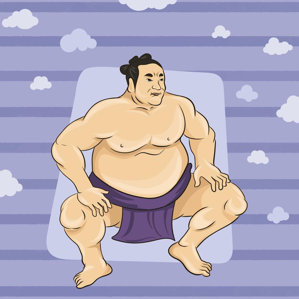 luchador de sumo de pie en posición de cuclillas. ángulo lateral con fondo. deporte japonés. vector