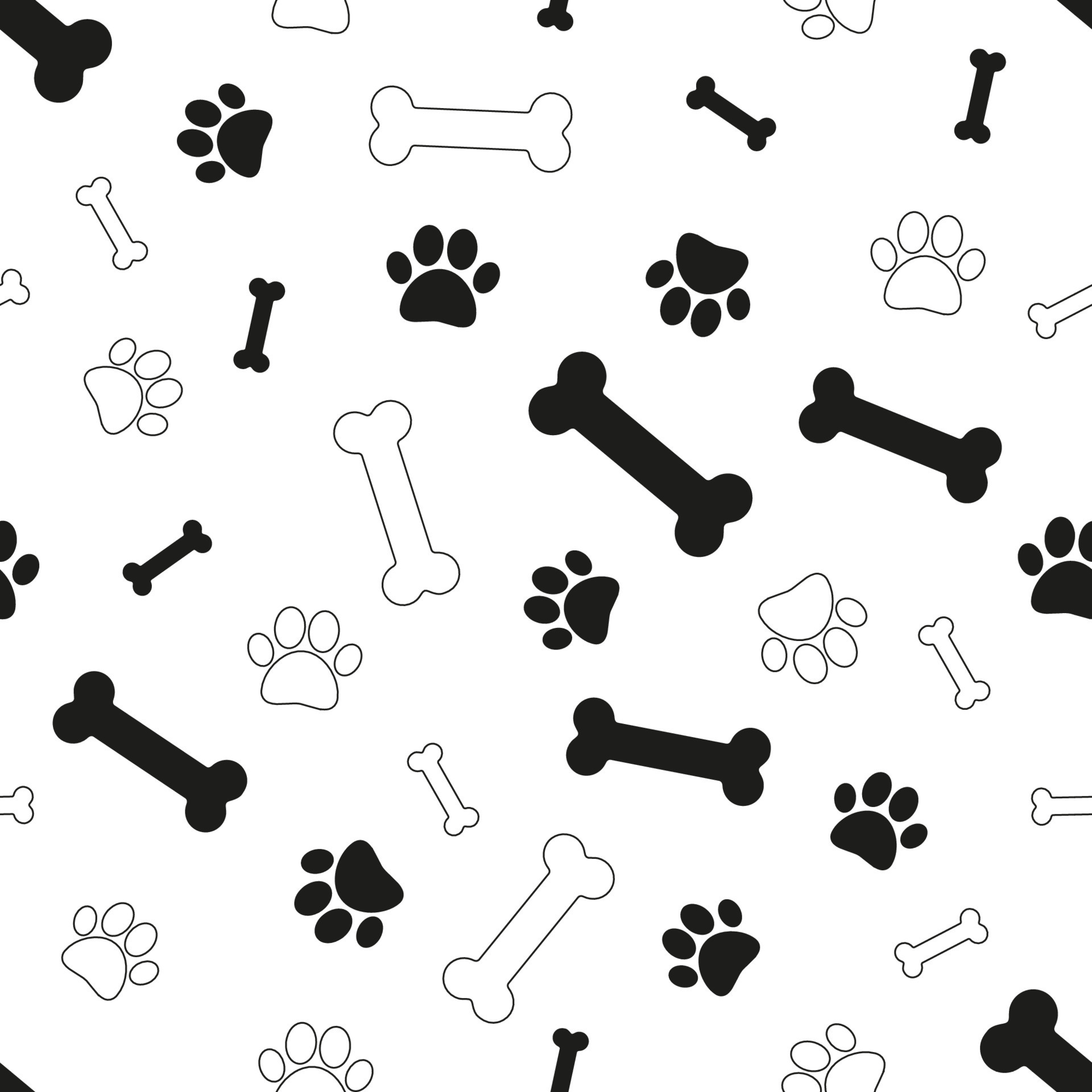 Dogs pattern in doodle style with bones and paws on white background