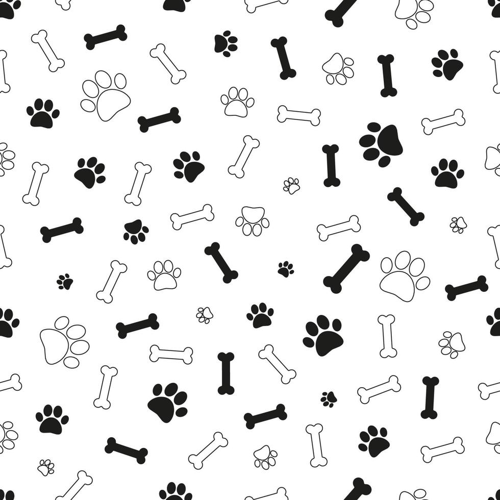 Dogs pattern in doodle style with bones and paws on white background. Doodle vector illustration. Cute seamless pattern