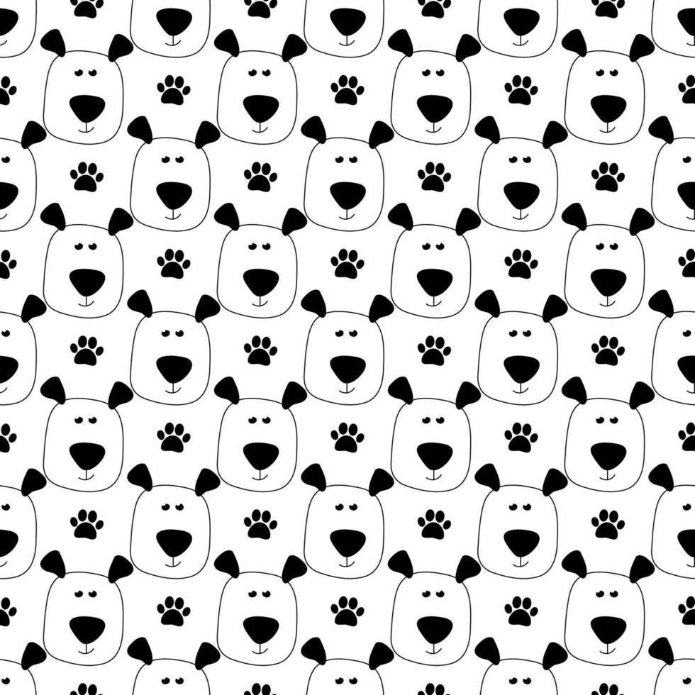 Cute seamless dog pattern with funny doodle dog with paws on white background. Doodle vector illustration